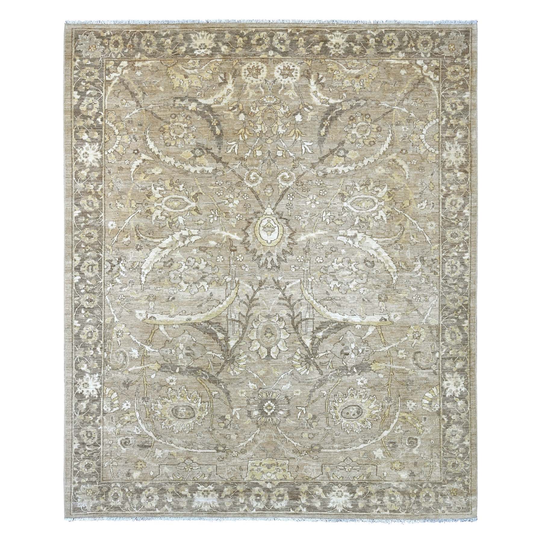8'1"x9'9" Light Brown, Peshawar with Sickle Leaf Design, Hand Knotted, High Mountain Wool, Natural Dyes, Densely Woven, Oriental Rug 